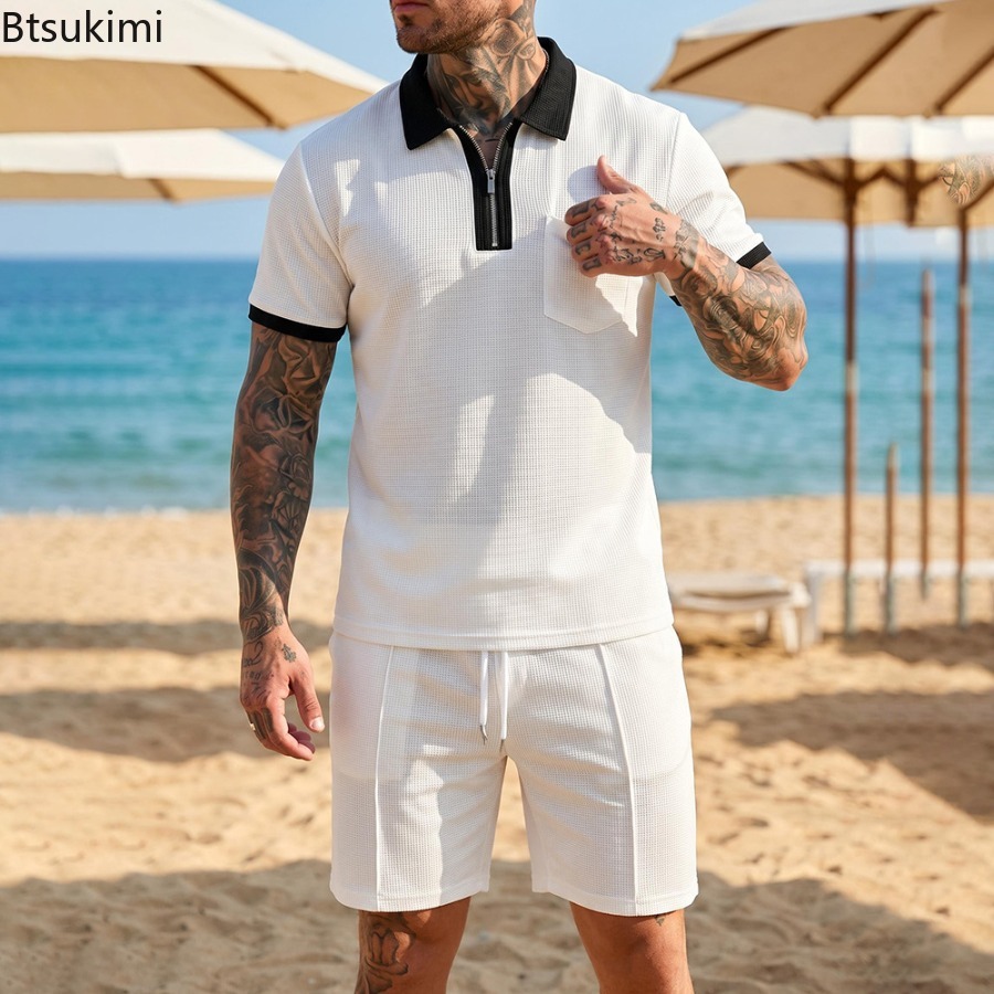 Summer Clothing Vacation - Mens Waffle Collar Polo Short Sleeved