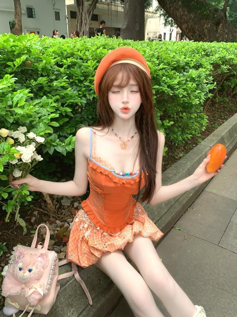 Summer New Orange Dopamine Swe - Summer Japanese Clothing 评论和价格