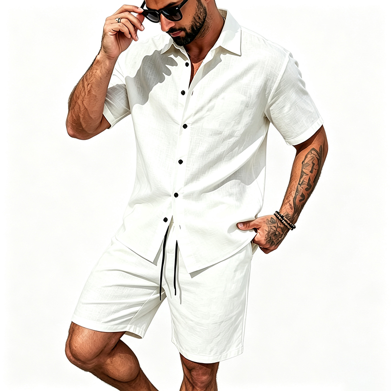 Men Linen Two Piece Outfit Sho - Summer Clothing Outfits 评论和价格