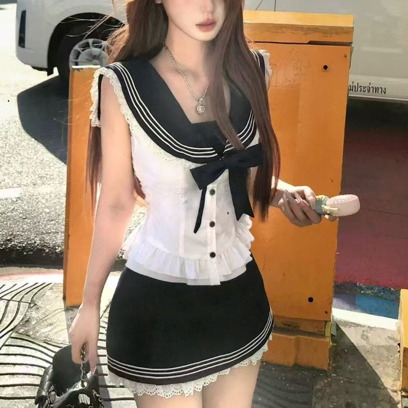 College Style Bow Sweet 2 Piec - Summer Japanese Clothing 评论和价格