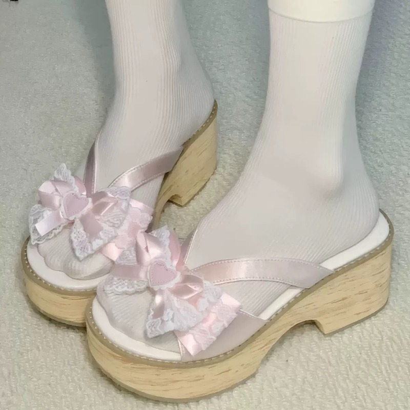 Sweet Bow Wood Grain Thick Bot - Summer Japanese Clothing 评论和价格