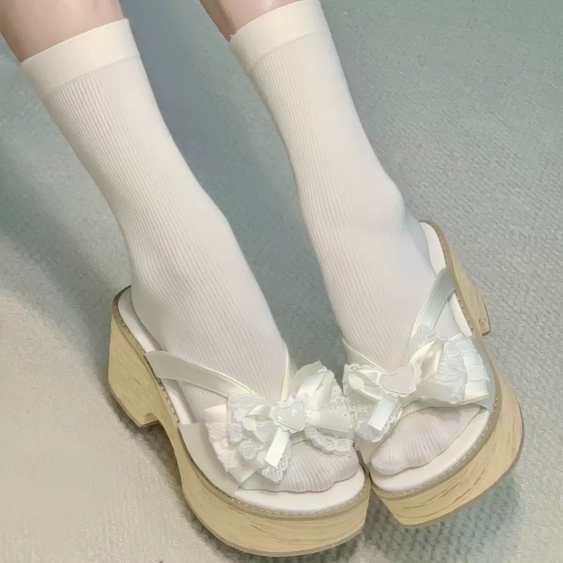 Sweet Bow Wood Grain Thick Bot - Summer Japanese Clothing 评论和价格