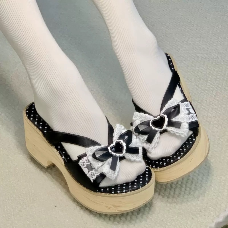 Sweet Bow Wood Grain Thick Bot - Summer Japanese Clothing 评论和价格