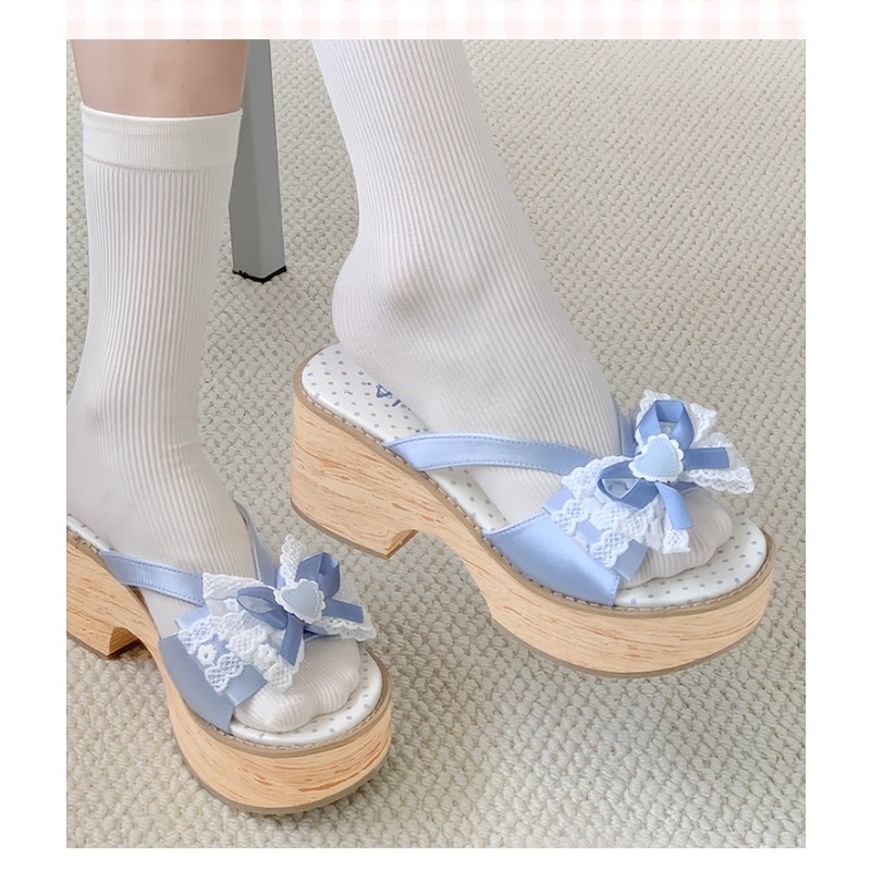 Sweet Bow Wood Grain Thick Bot - Summer Japanese Clothing 评论和价格