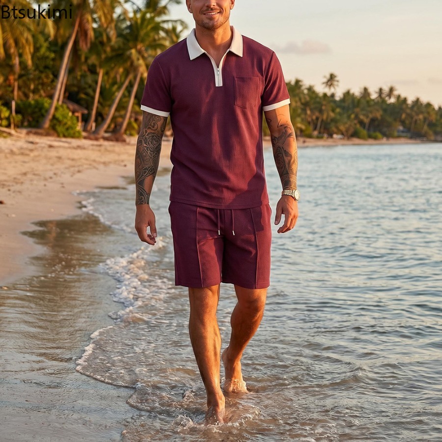 Mens Waffle Collar Polo Short  - Summer Clothing Vacation 评论和价格